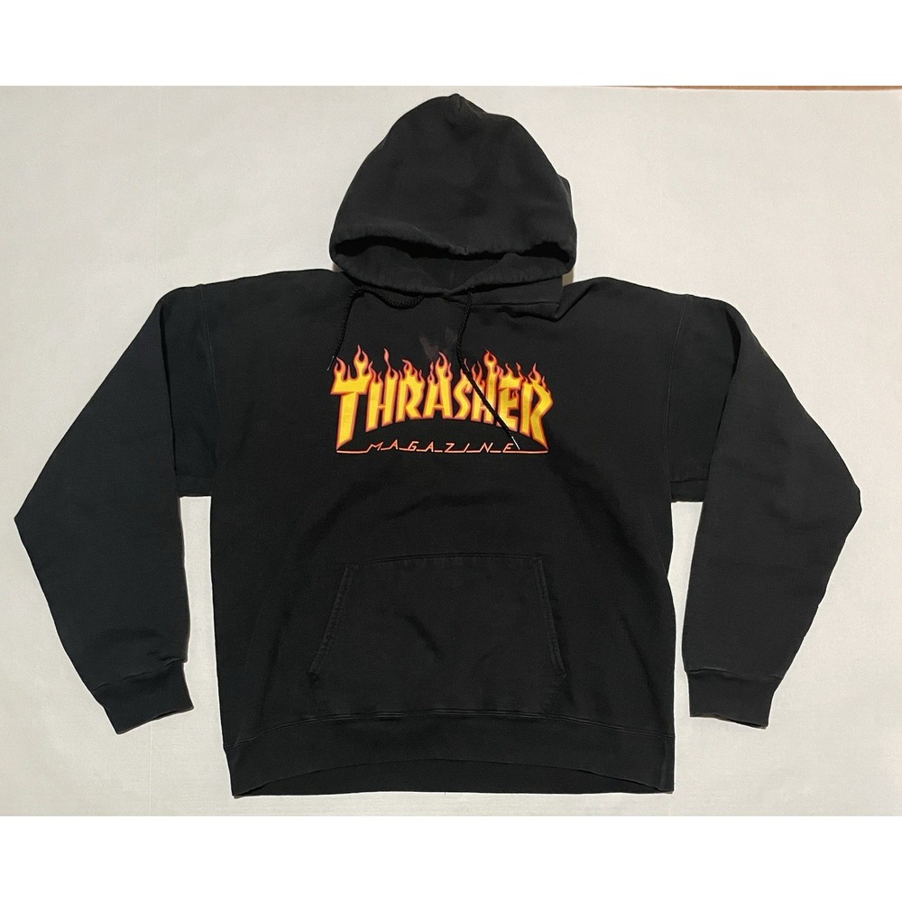 Thrasher Men Sweatshirt Medium Black‎ Hoodie Logo Graphic Drawstring Pullover